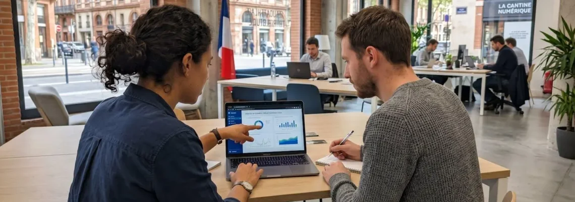 Deux professionnels en interaction de mentorat devant un ordinateur portable dans un espace de coworking moderne à Toulouse, lumière naturelle abondante