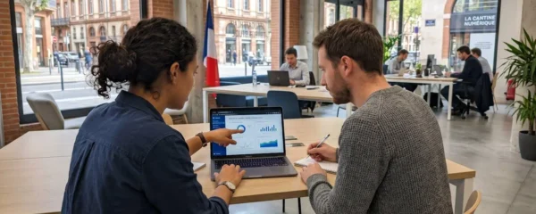 Deux professionnels en interaction de mentorat devant un ordinateur portable dans un espace de coworking moderne à Toulouse, lumière naturelle abondante