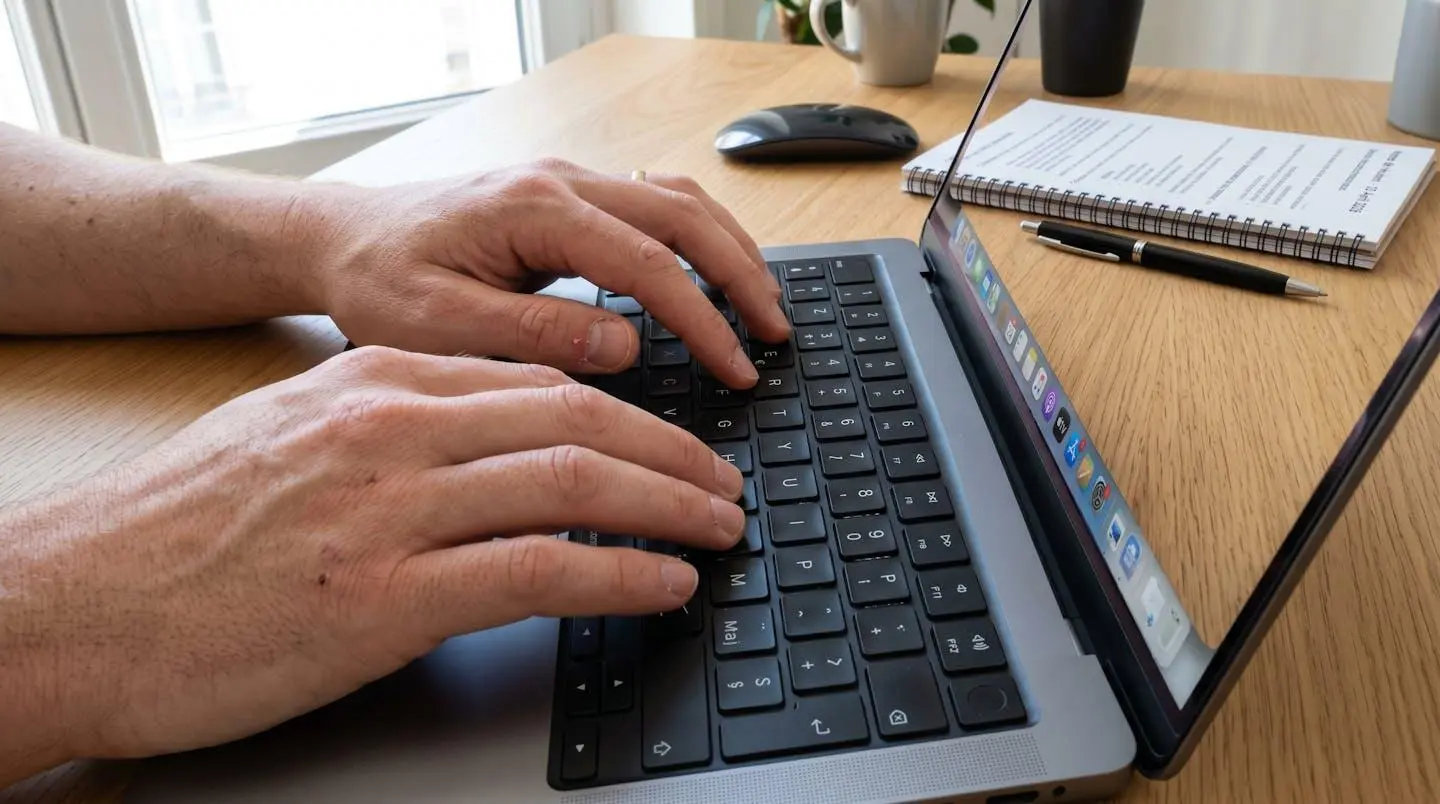 Gros plan sur les mains d'une personne tapant au clavier d'un ordinateur portable moderne avec carnet de notes et stylo en arrière-plan flouté, surface de bureau contemporaine claire